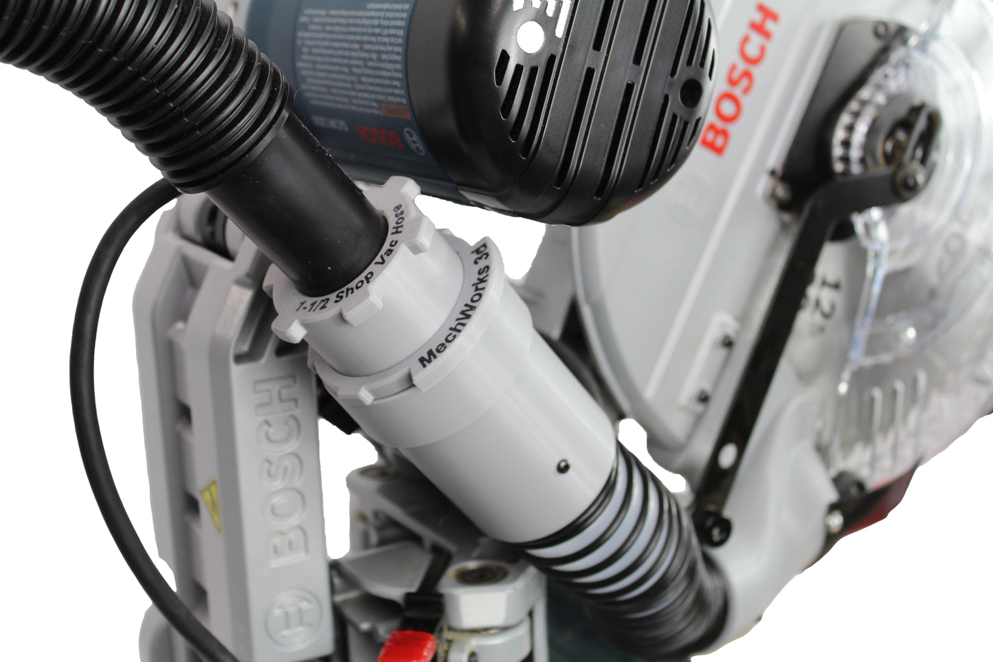 Shows how it fits between your hose and the dust chute