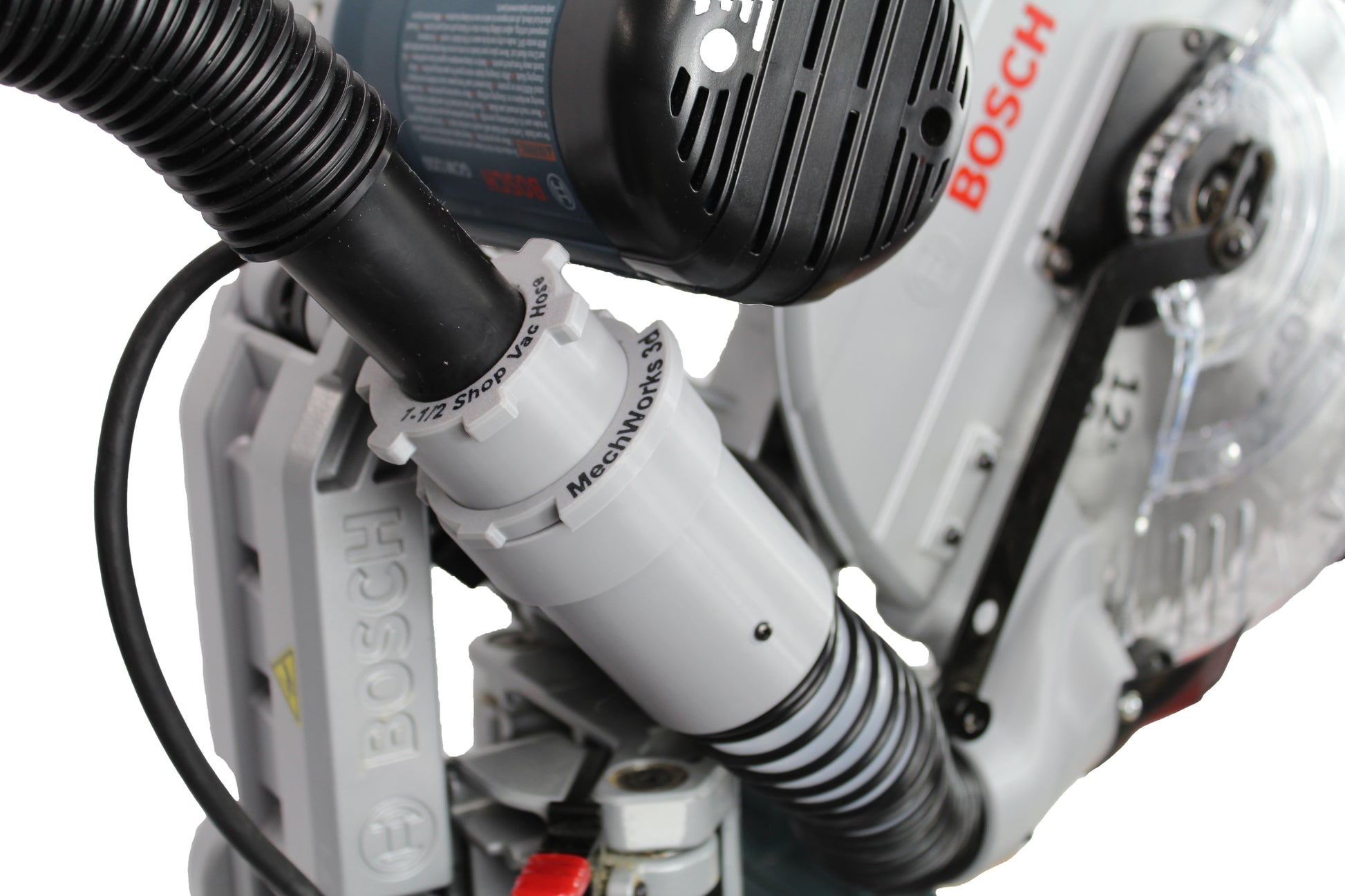 Shows how it fits between your hose and the dust chute